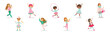 Happy Girl Child Character Engaged in Different Activity Vector Set