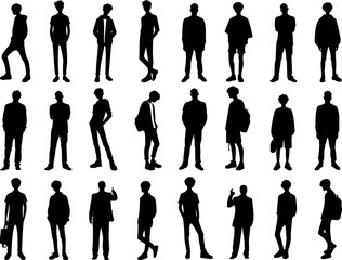 Wall Mural - man silhouette, male,boy, men vector in various poses, standing, walking. Collection of boys silhouettes male in different postures on a white background