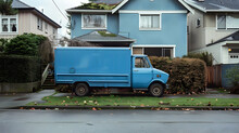 A Blue Delivery Truck Parked Outside A Suburban House