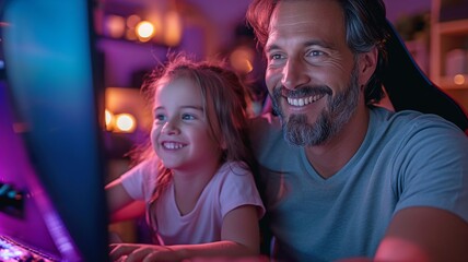 Playing an online computer video game, a happy father and child