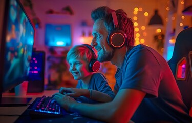 playing an online computer video game, a happy father and child