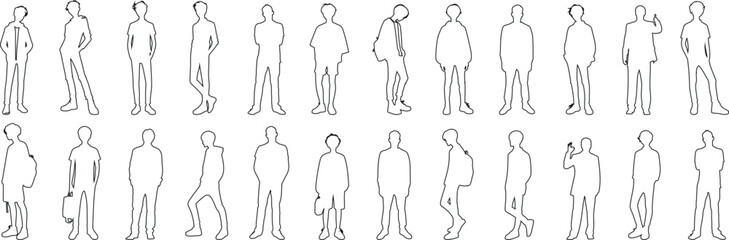Wall Mural - boy Line art collection featuring boys in various poses, standing, walking, casual. Ideal man outline for animation, character design