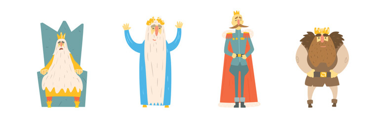 Wall Mural - Man King Character with Beard Wearing Crown Vector Set