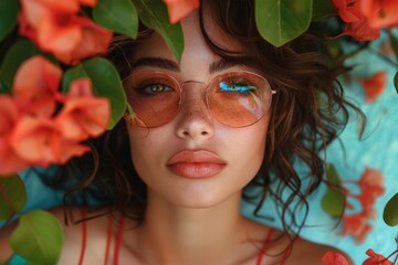 Canvas Print - Striking portrait of a stylish woman with curly hair, sunglasses, and vibrant flowers