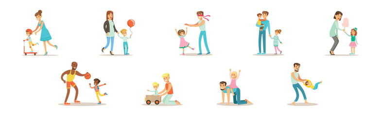 Canvas Print - Parents and Their Kids Having Good Time Together Vector Set