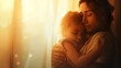 A mother comforting her crying child, enveloping them in a warm embrace, against a backdrop of soft sunlight filtering through the window. Dynamic and dramatic composition, with co