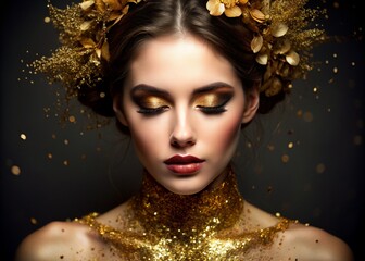 A creative banner for a beauty salon in black and gold tones. A professional makeup artist, stylist and hairdresser. A beautiful woman with evening makeup and golden horns on her head. 