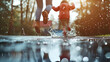 A mother and child enjoying a playful splash in a puddle, captured in mid-air as droplets fly, with vibrant reflections and copy space for added impact. Dynamic and dramatic compos