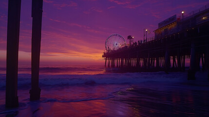 A pier with a Ferris wheel and a sunset in the background