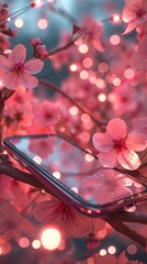 Canvas Print - Smartphone amidst blooming cherry blossoms and lights Generative AI image