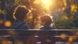 A mother and child sharing a heartfelt conversation on a park bench, their faces bathed in warm sunlight, with copy space above for an inspiring quote or message. Dynamic and drama