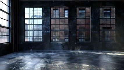 Wall Mural - Industrial loft with black walls large windows warehouse background and empty space. Concept Industrial, Loft, Black Walls, Large Windows, Warehouse