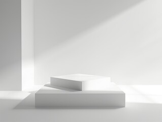 Wall Mural - Minimalist white podium with geometric steps bathed in natural light casting soft shadows, ideal for product display.