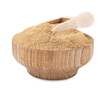 Dietary fiber. Psyllium husk powder in bowl and scoop isolated on white
