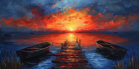 Wall Mural - sunset over a pier on with boats on a lake