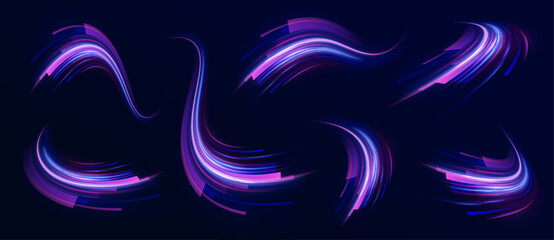 Fototapete - Neon Color Blurred Motion On Speedway. Acceleration speed motion on night road. Concept of leading in business, Hi tech products, warp speed wormhole science vector design. 