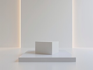 Wall Mural - A white cube on a platform in a bright, minimalistic interior, ideal for product showcase.
