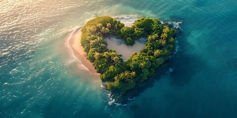 Wall Mural - Tropical Island in the Shape of a Love Heart. Aerial Perspective, Vacation Concept.