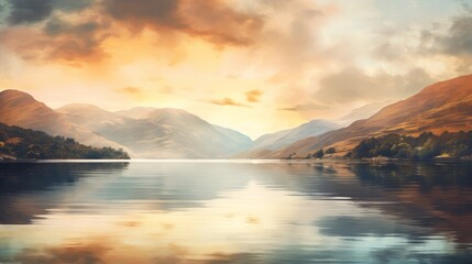 Wall Mural - The sun is casting a golden glow as it sets over a tranquil lake surrounded by trees, creating a serene natural landscape with a calm horizon