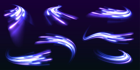 Aufkleber - Set of neon blurry light circles at motion. Light trail wave, fire path trace line, car lights, optic fiber and incandescence curve twirl. 