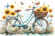 Charming watercolor illustration of a bicycle with sunflowers in its basket and butterflies nearby, set in bright pastels, reflecting a playful yet elegant French outdoor scene