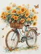 Soft and inviting watercolor painting of a bicycle, its basket filled with sunflowers, and butterflies in the air, crafted in vivid pastels on a white background