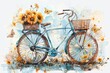 Beautiful watercolor illustration of a bicycle with sunflowers in its basket and butterflies nearby, set in bright pastels against a white background