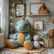 Layout for children: a soft toy and a clean white frame in the toy room. An empty space to copy with a soft toy. Creative concept of children's props and advertising space