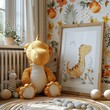 Layout for children: a soft toy and a clean white frame in the toy room. An empty space to copy with a soft toy. Creative concept of children's props and advertising space