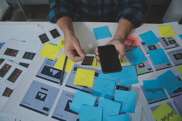 ux Graphic designer creative sketch planning application process development prototype wireframe for web mobile phone . User experience concept.
