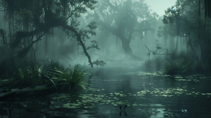 Two crocodiles are in a murky swamp, one of which is eating the other. The scene is dark and eerie, with the water appearing murky and the trees casting shadows. Scene is tense and ominous