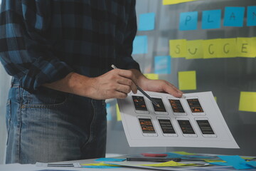 ux Graphic designer creative sketch planning application process development prototype wireframe for web mobile phone . User experience concept.