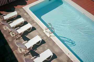 Wall Mural - Swimming pool and sun loungers at stylish tropical spa hotel, summertime banner mockup. Summer travel sales and vacation concept.