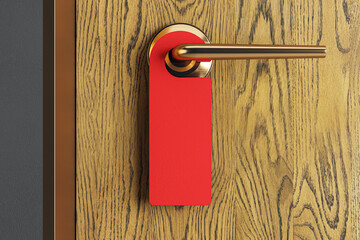 Wall Mural - Close up of clean red sign on wooden door. Mock up, 3D Rendering.