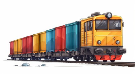 Colorful freight train hauling cargo containers on railway tracks on white background