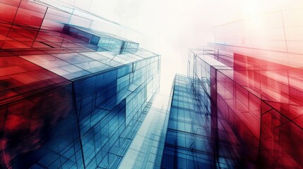 Abstract architecture rendered in wireframe digital art with a dynamic blend of blue and red hues