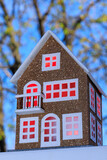 Fototapeta Tęcza - On a semi-blurred background of trees, a house with red light in the windows
