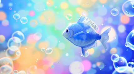 A whimsical blue fish glides through a sea of vibrant bubbles and bright hues.