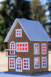 Fototapeta Tęcza - Close-up of a house with red lights in the windows on the floor blurred background of a park area