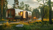 Modern caravan in a tranquil forest clearing at dusk, camping reimagined.