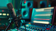 A studio microphone foregrounds a mixing console shimmering with ambiance in a recording studio.