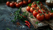 Vibrantly red tomatoes on the vine with herbs and spices on a rustic wooden surface.