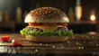 Juicy cheeseburger with fresh toppings on a rustic wooden surface, glistening under soft light.