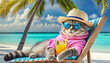 南国のビーチでリラックスする猫