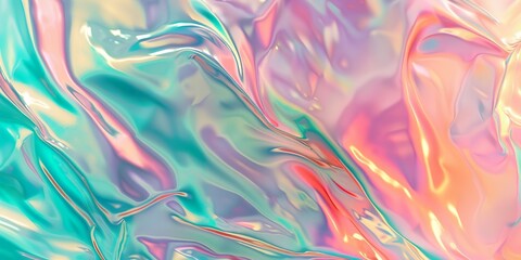 A colorful, flowing holographic background with a rainbow of colors. The background is a mix of green, orange, and pink