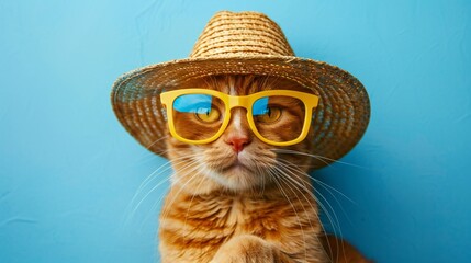 A cat wearing a straw hat and yellow glasses is staring at the camera