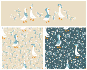 Sticker - Goose vector collection seamless pattern. Cute cartoon characters between blooming meadow flowers in funny clothes in simple hand-drawn style. The limited vintage palette is perfect for baby prints