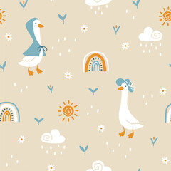 Sticker - Goose vector seamless pattern. Cute cartoon characters in the rain with the rainbow and the sun in funny clothes in simple hand-drawn style. The limited vintage palette is perfect for baby prints.