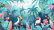 Jungle with tropical, fantasy animals at Amazon forest, palm trees, parrots, wallpaper