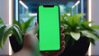 hand holding smartphone with blank green screen among vibrant houseplants, technology home gardening. Ideal for showcasing apps that aid in plant care, home decoration, or even smart home management
